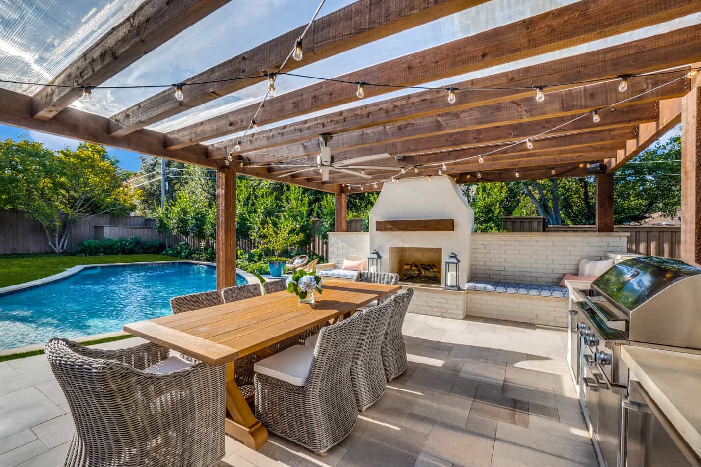 patio with pool and dining set